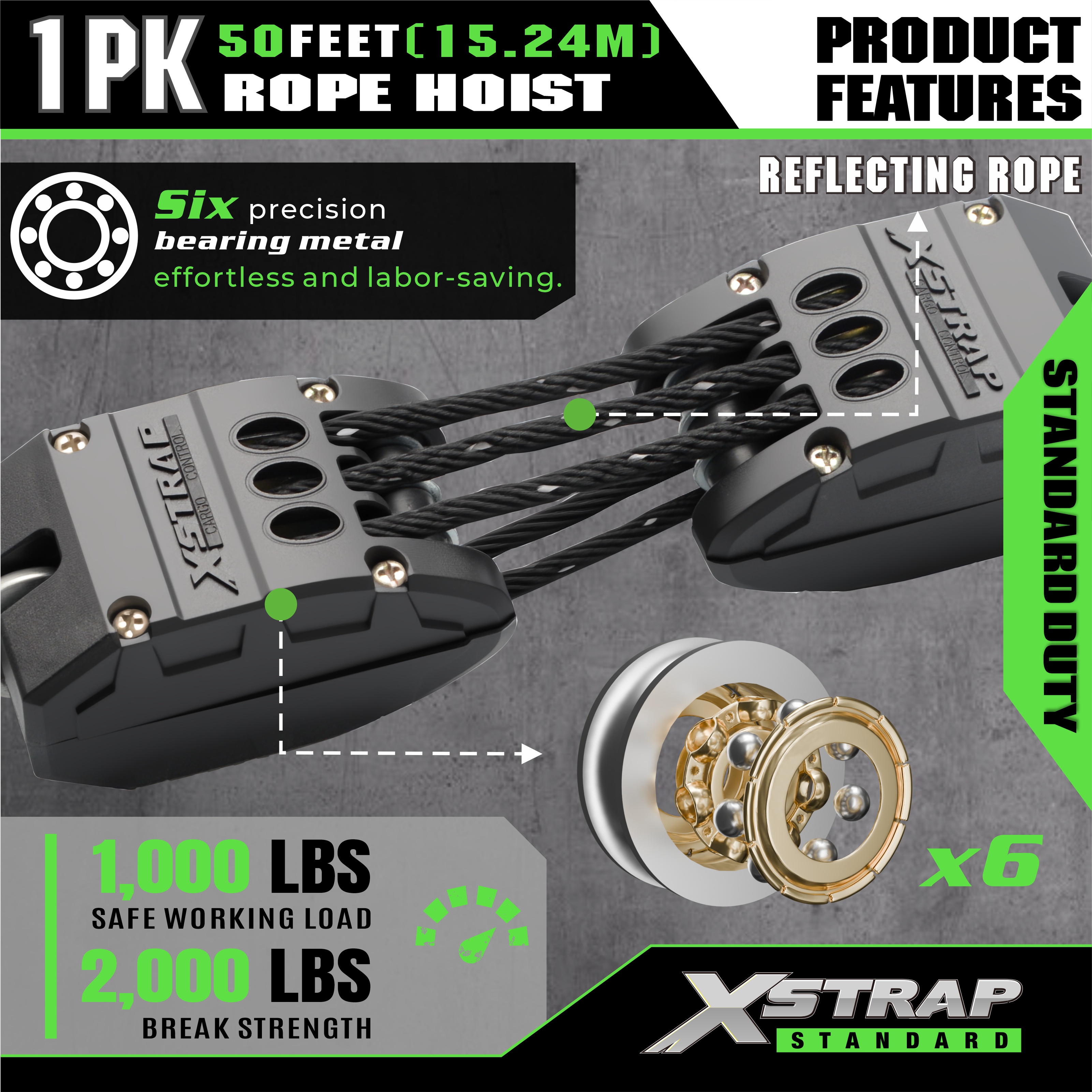 XSTRAP AHLT0003-reflekterende svart tauløfterskivesystem 1000LB