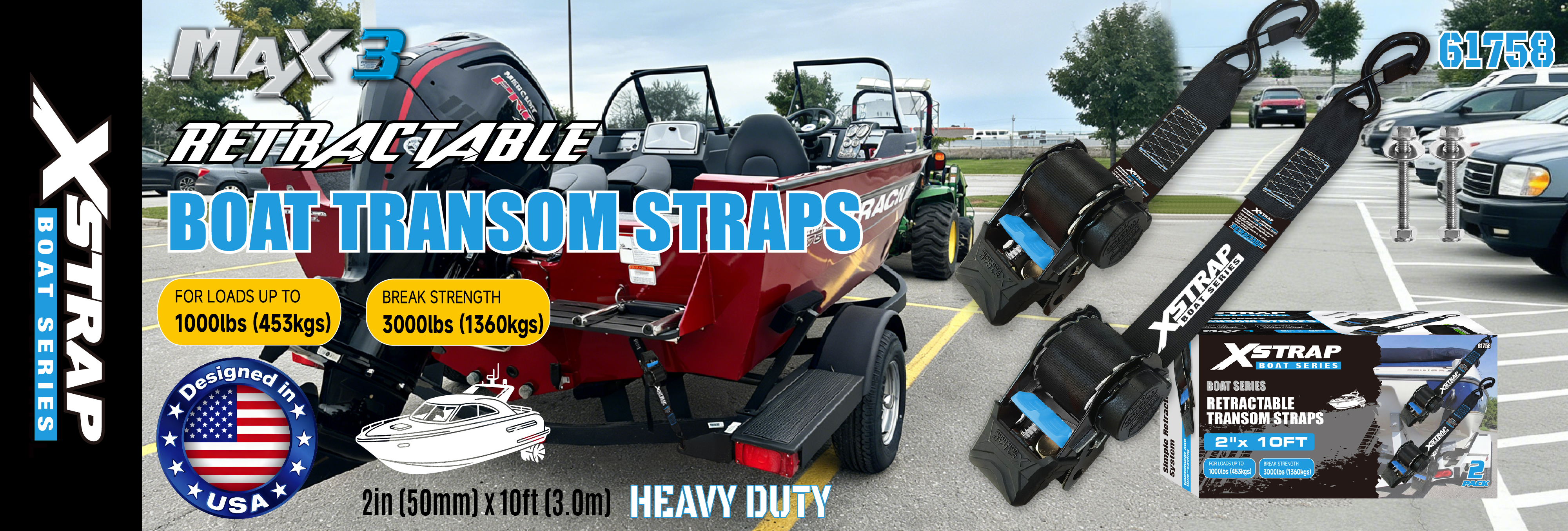 Xstrap 61758 uttrekkbare akterspeilstropper med sikkerhetskroker 1000 LB SWL