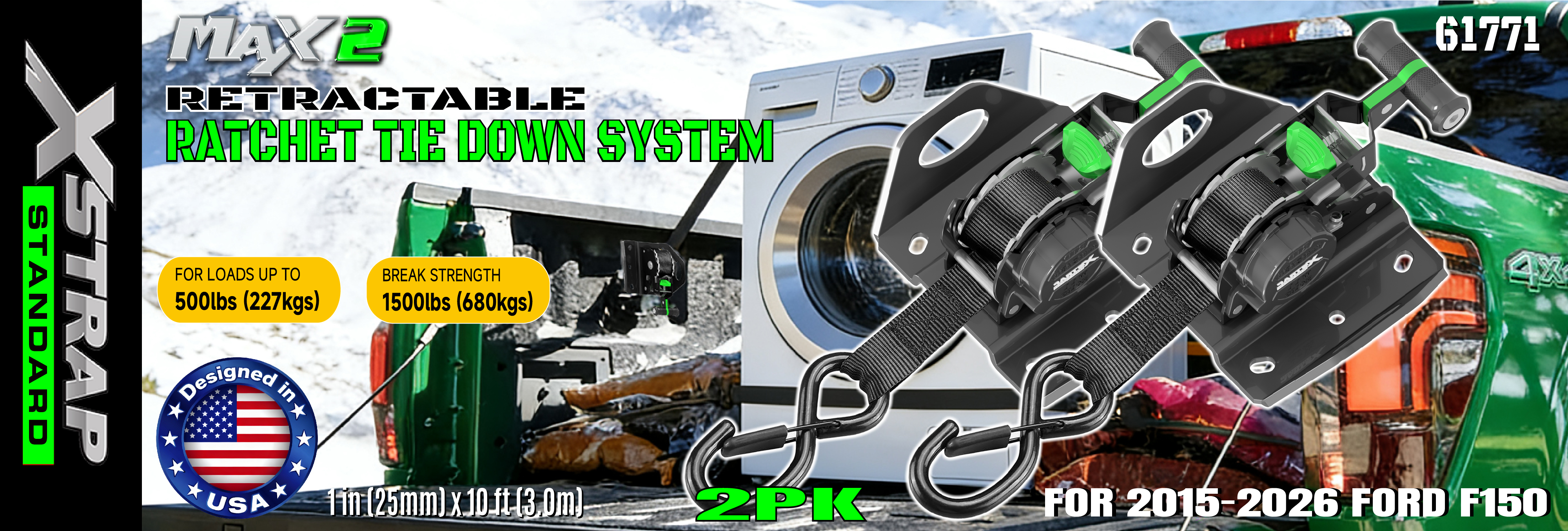 Xstrap 61771 uttrekkbare skrallestropper Passer til F150 biltilbehør 500LB SWL